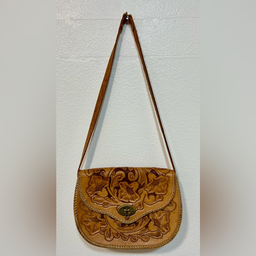 Floral Embossed Tan Leather Shoulder Bag